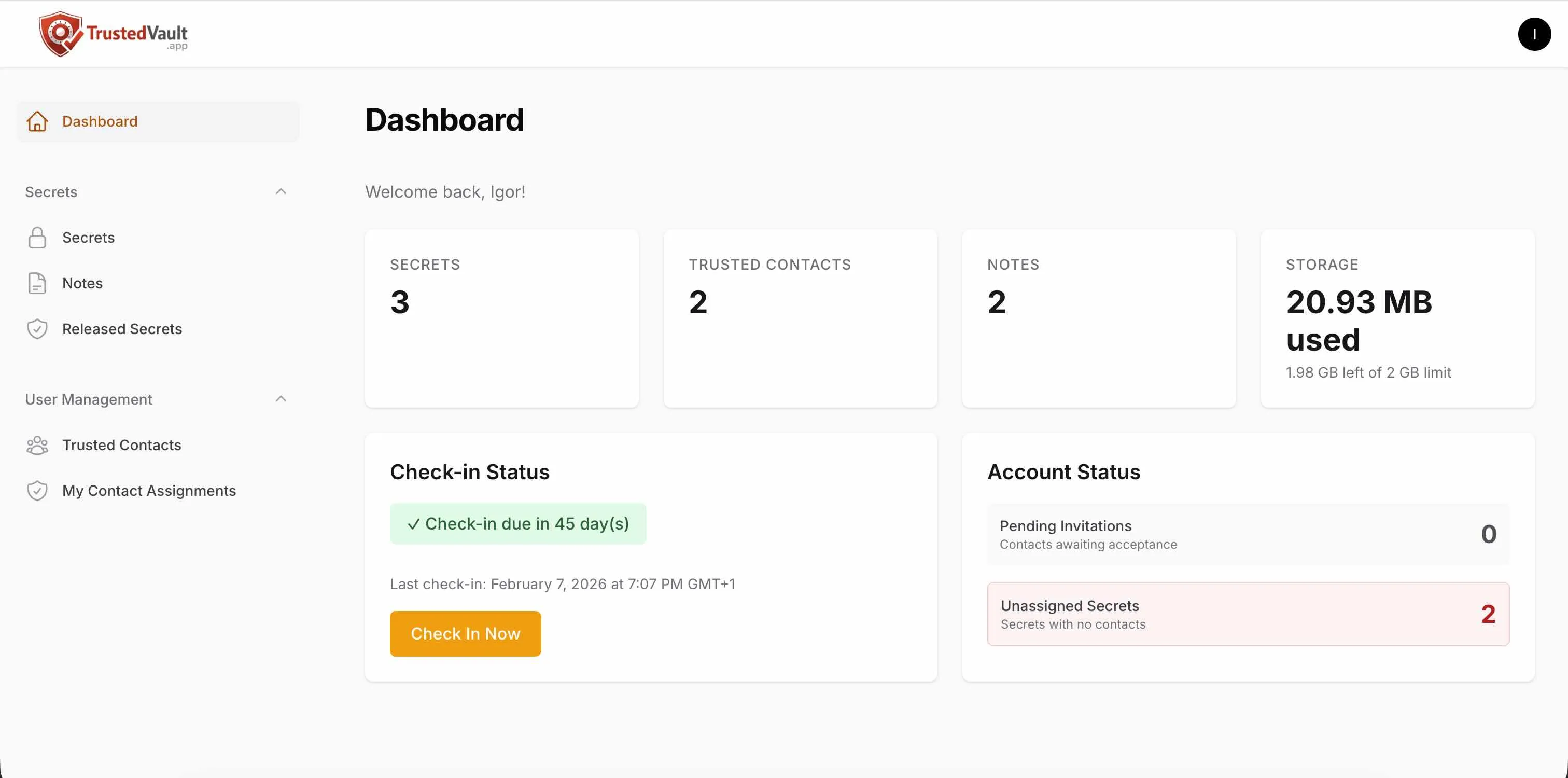 Trusted Vault platform dashboard showing secure digital asset management